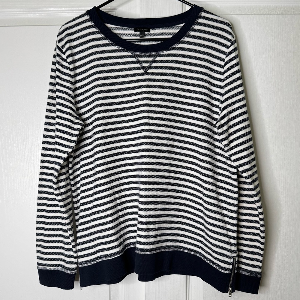 Talbots long sleeve top striped Cotton Knit Crew Neck Size Large Black White